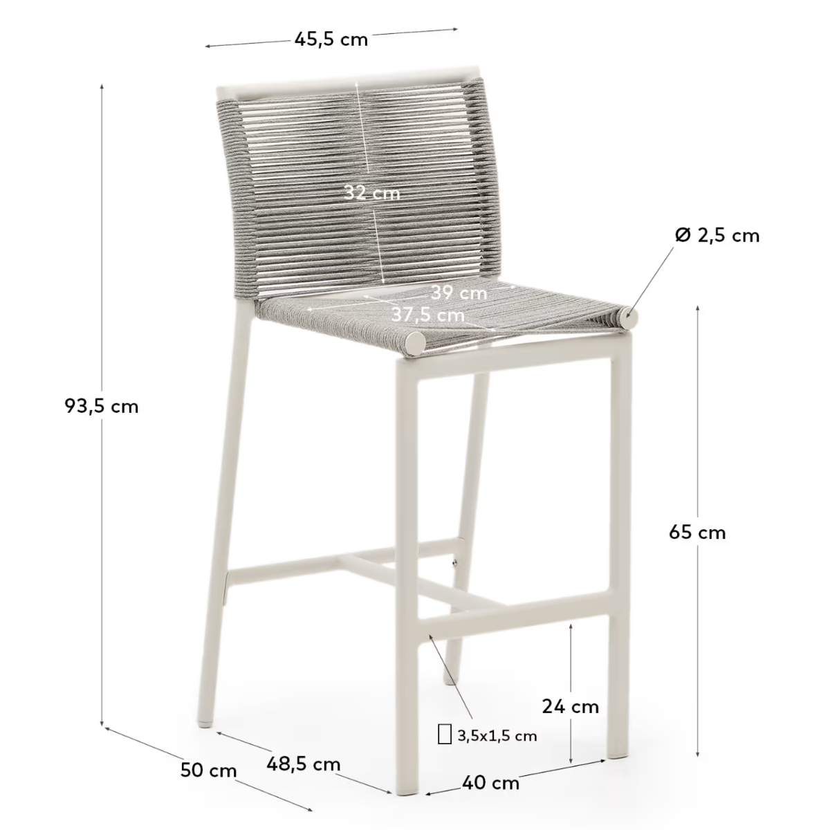 Kave Home Culip outdoor stool made of rope cord and white aluminium, 65 cm