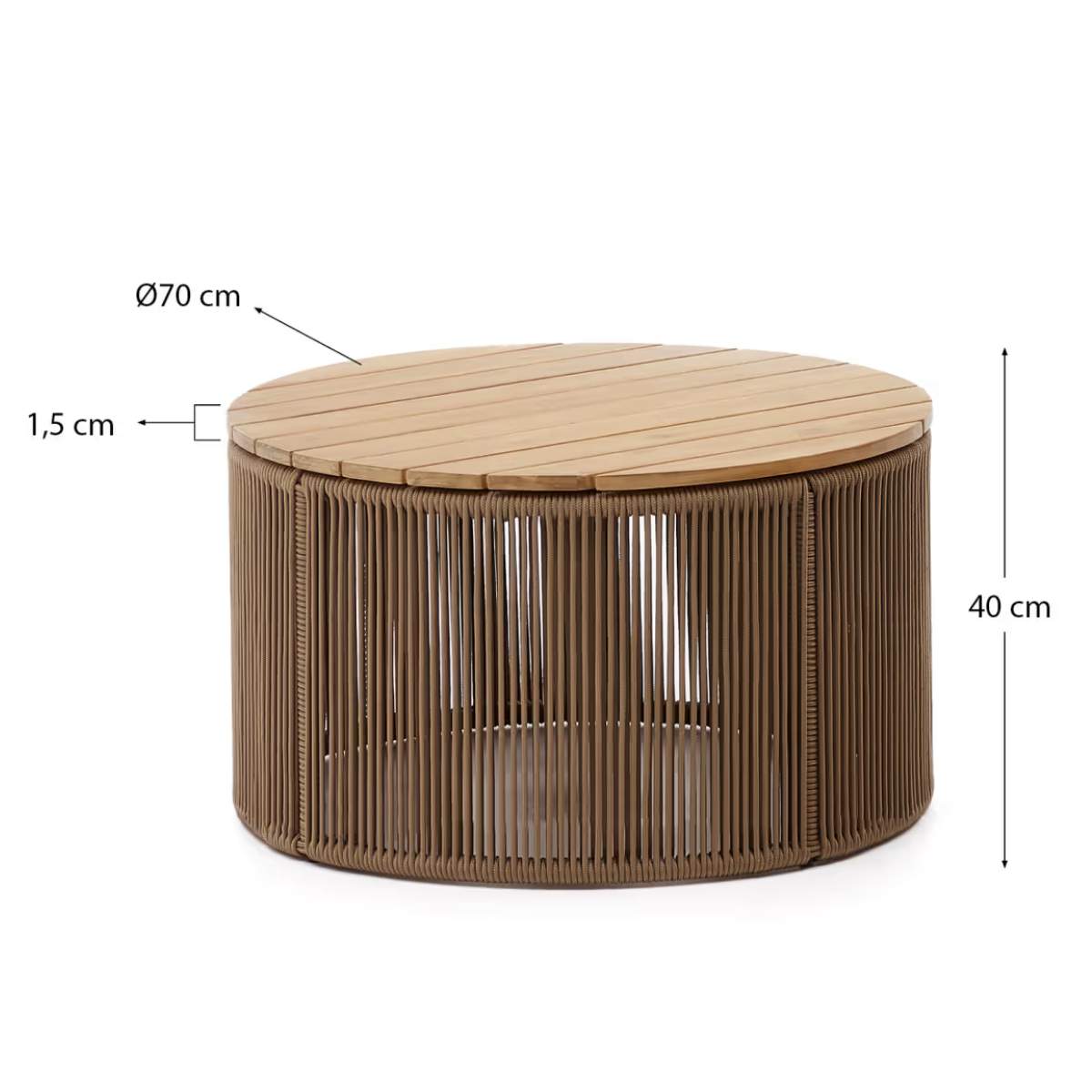 Kave Home Dandara coffee table in steel, green rope cord and solid acacia wood Ø70cm FSC 100%