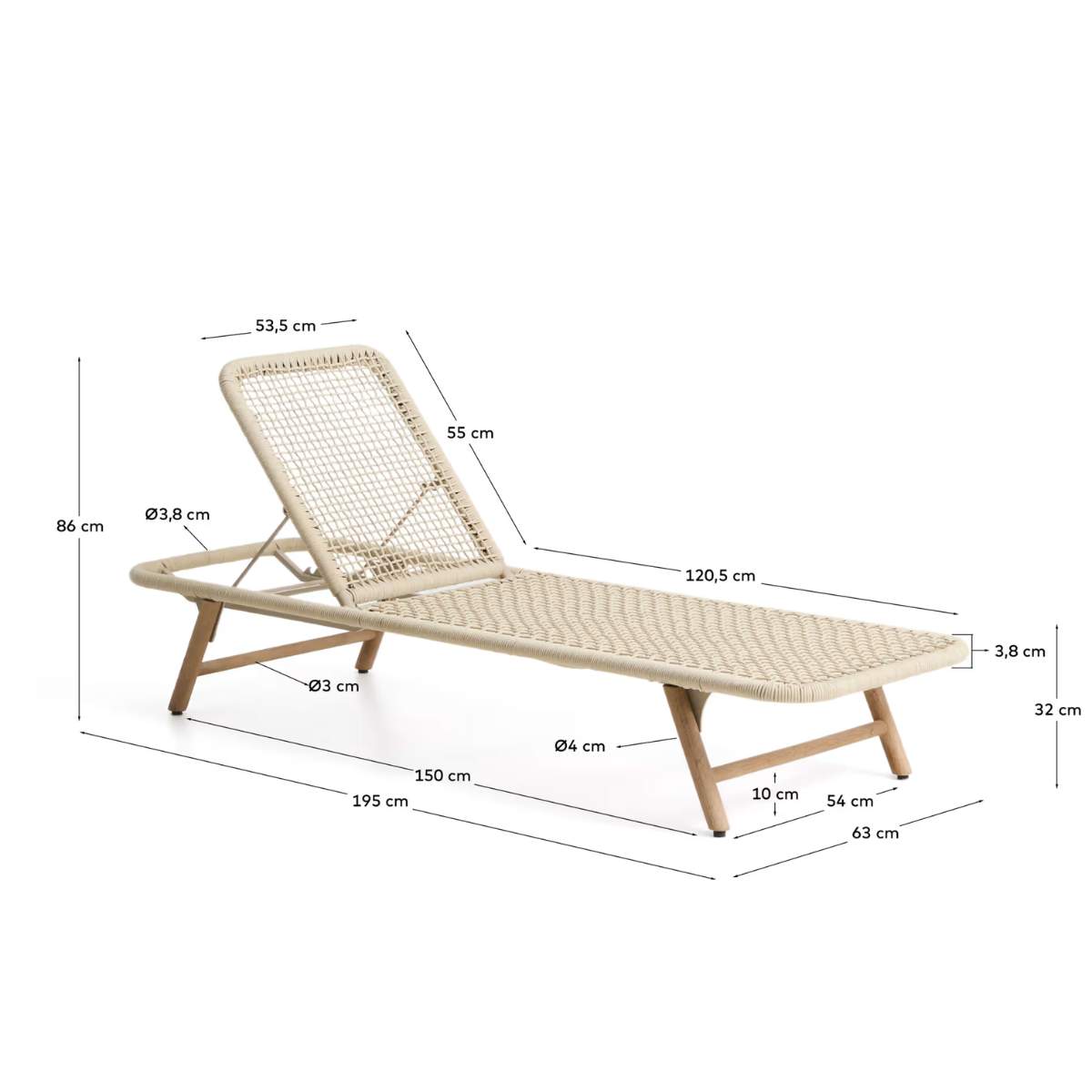 Kave Home Dandara sun lounger in steel, green rope and legs in solid FSC 100% acacia wood