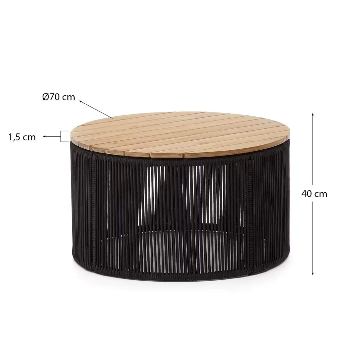 Kave Home Dandara coffee table in steel, green rope cord and solid acacia wood Ø70cm FSC 100%