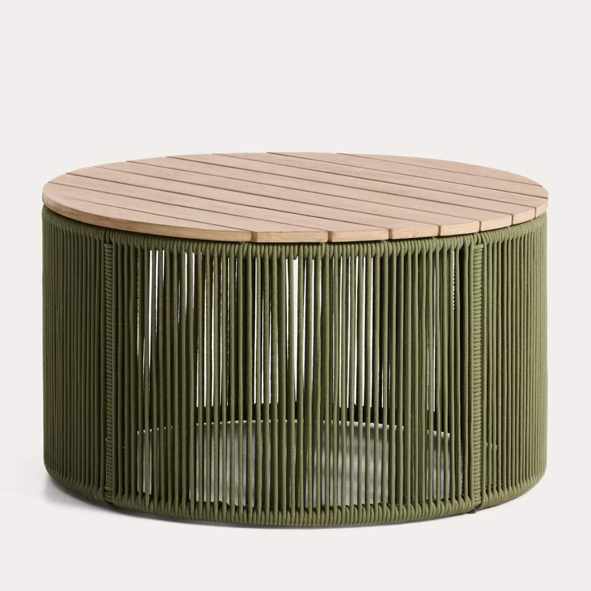 Kave Home Dandara coffee table in steel, green rope cord and solid acacia wood Ø70cm FSC 100%
