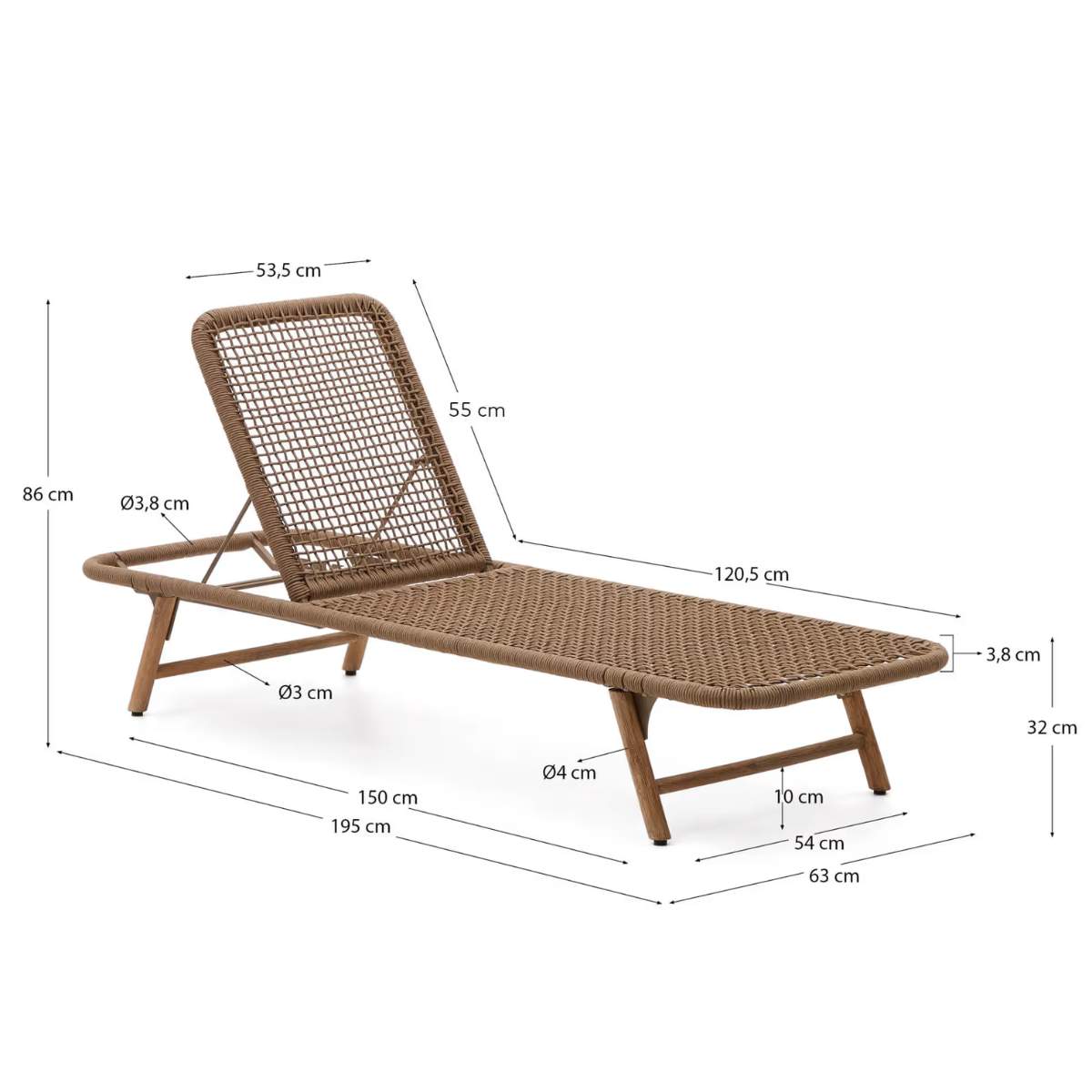 Kave Home Dandara sun lounger in steel, green rope and legs in solid FSC 100% acacia wood