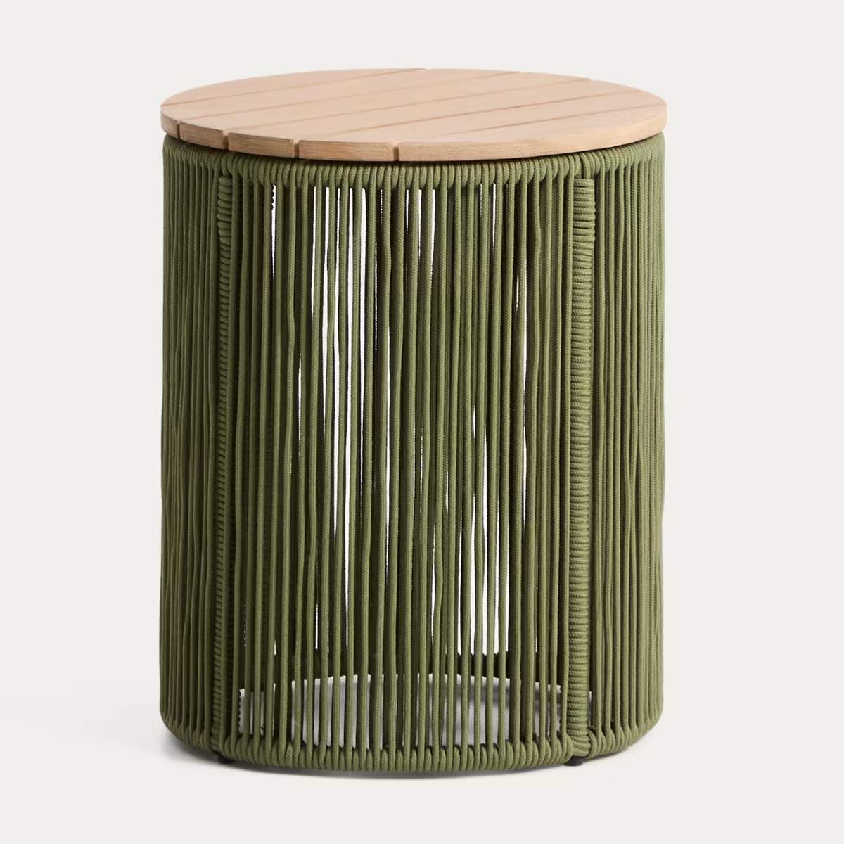 Kave Home Dandara side table in steel, green rope cord and solid acacia wood Ø40cm FSC 100%