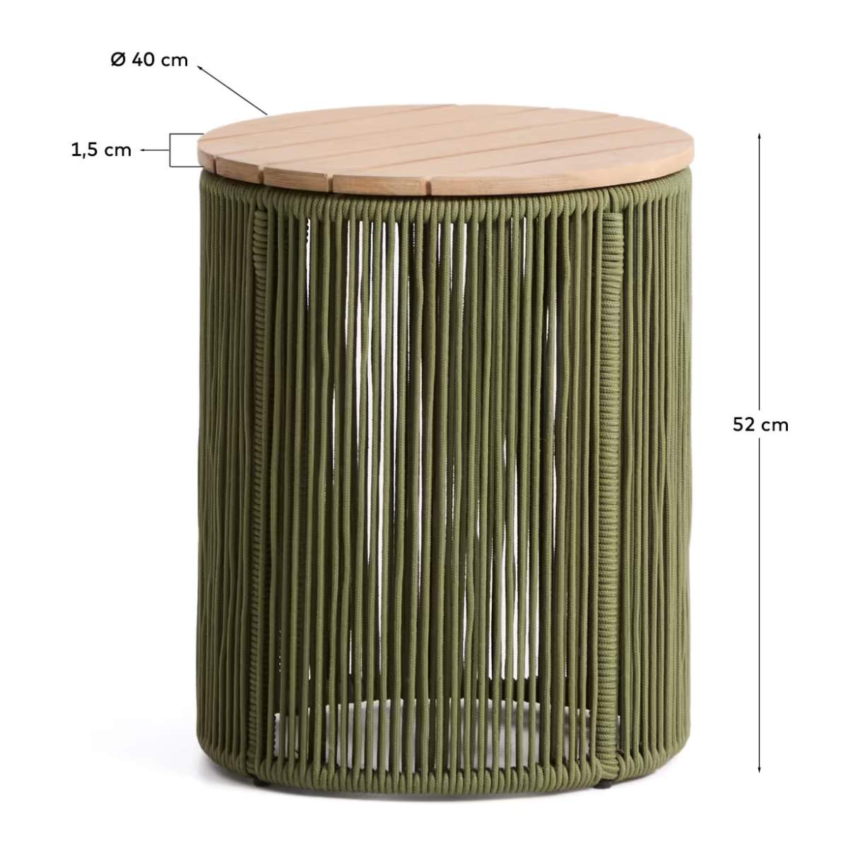 Kave Home Dandara side table in steel, green rope cord and solid acacia wood Ø40cm FSC 100%