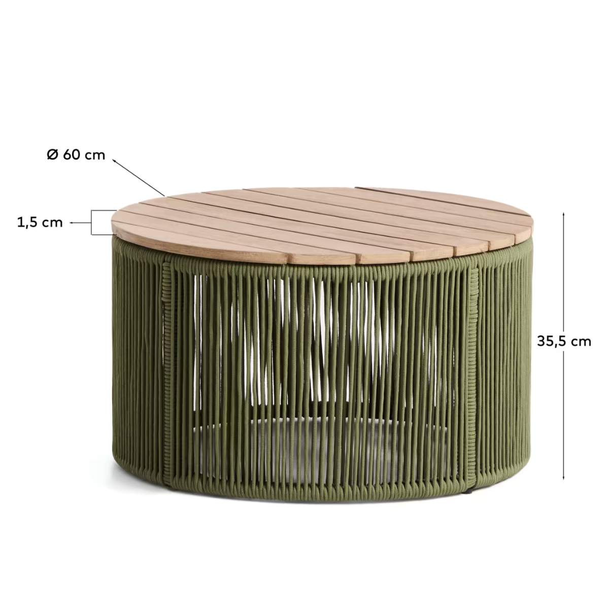 Kave Home Dandara coffee table in steel, green rope cord and solid acacia wood Ø60cm FSC 100%