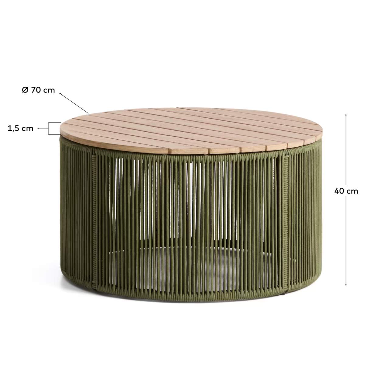Kave Home Dandara coffee table in steel, green rope cord and solid acacia wood Ø70cm FSC 100%