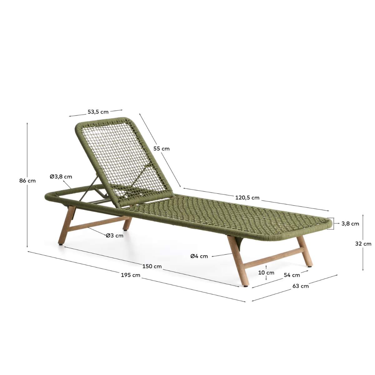 Kave Home Dandara sun lounger in steel, green rope and legs in solid FSC 100% acacia wood