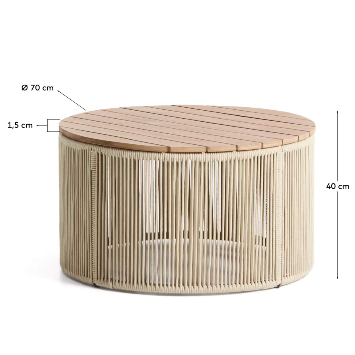 Kave Home Dandara coffee table in steel, green rope cord and solid acacia wood Ø70cm FSC 100%