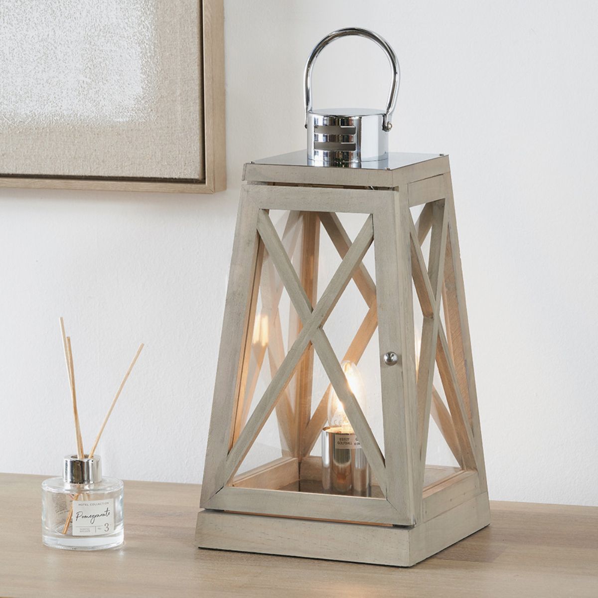 Pacific Lifestyle Devon Grey Wood and Chrome Lantern Table Lamp