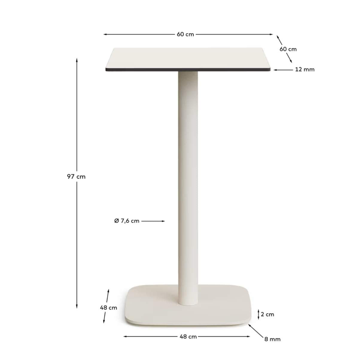 Kave Home Dina high outdoor table in white with metal leg in a painted white finish, 60x60x96 cm