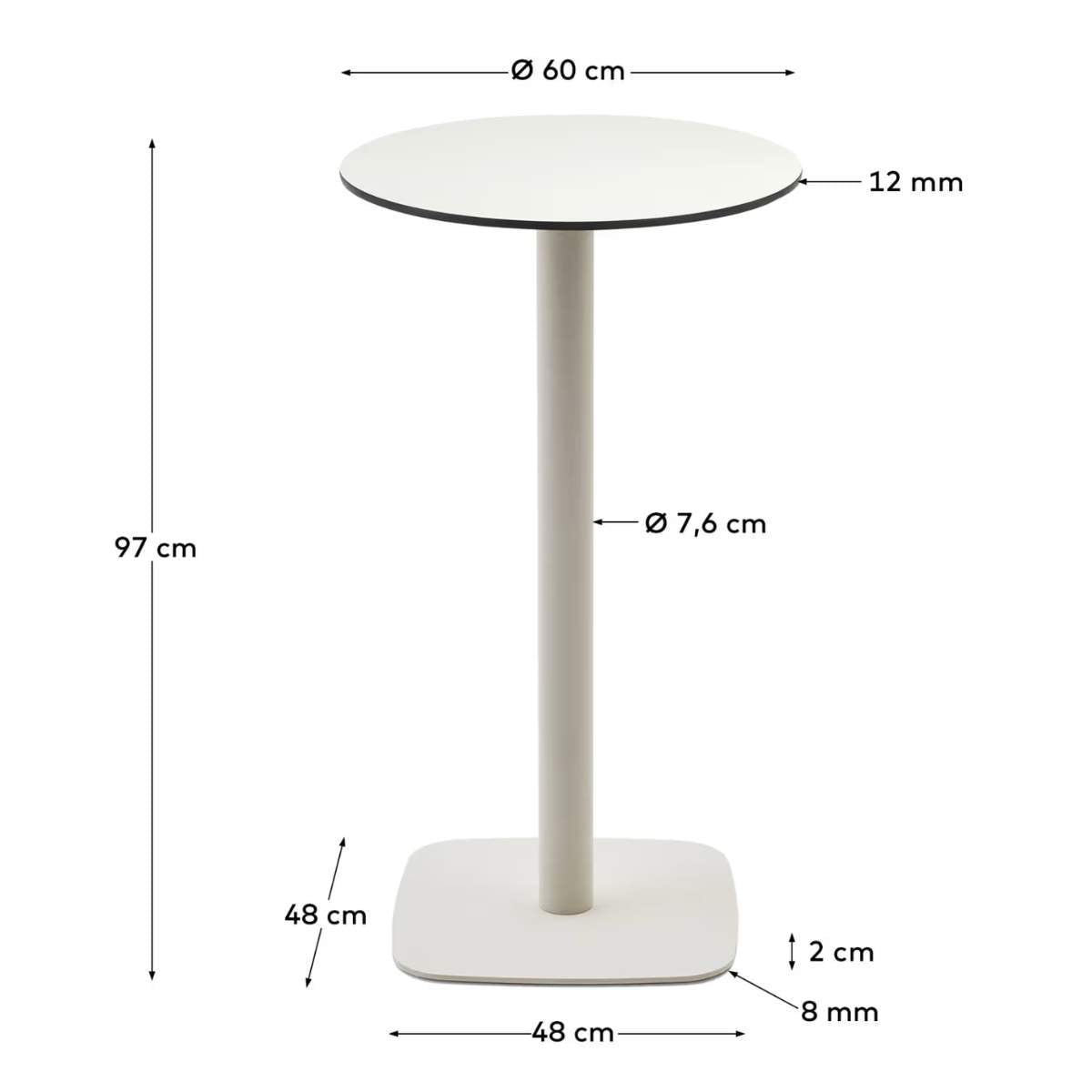 Kave Home Dina high round outdoor table in white with metal leg in a painted white finish, Ø 60 x 96 cm