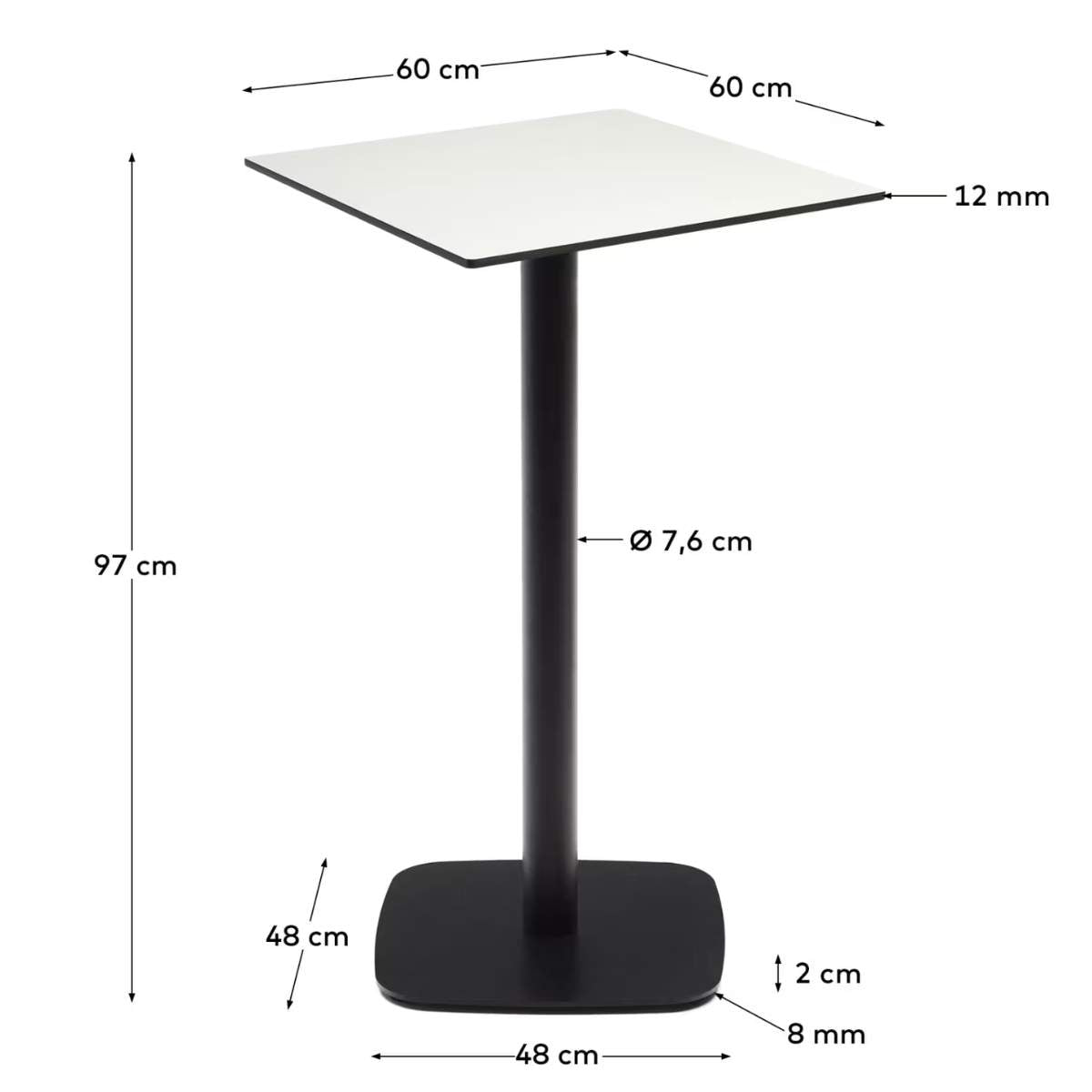Kave Home Dina high outdoor table in white with metal leg in a painted black finish, 60x60x96 cm