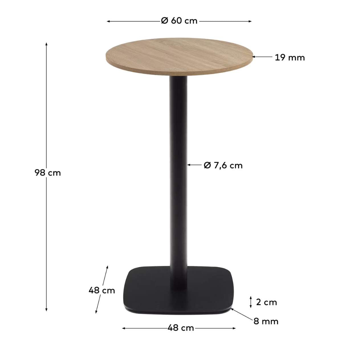 Kave Home Dina high round table in natural finish melamine with metal leg in a painted black finish, Ø 60x96 cm