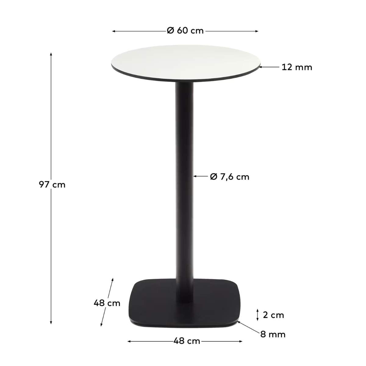 Kave Home Dina high round outdoor table in white with metal leg in a painted black finish, Ø60x96 cm