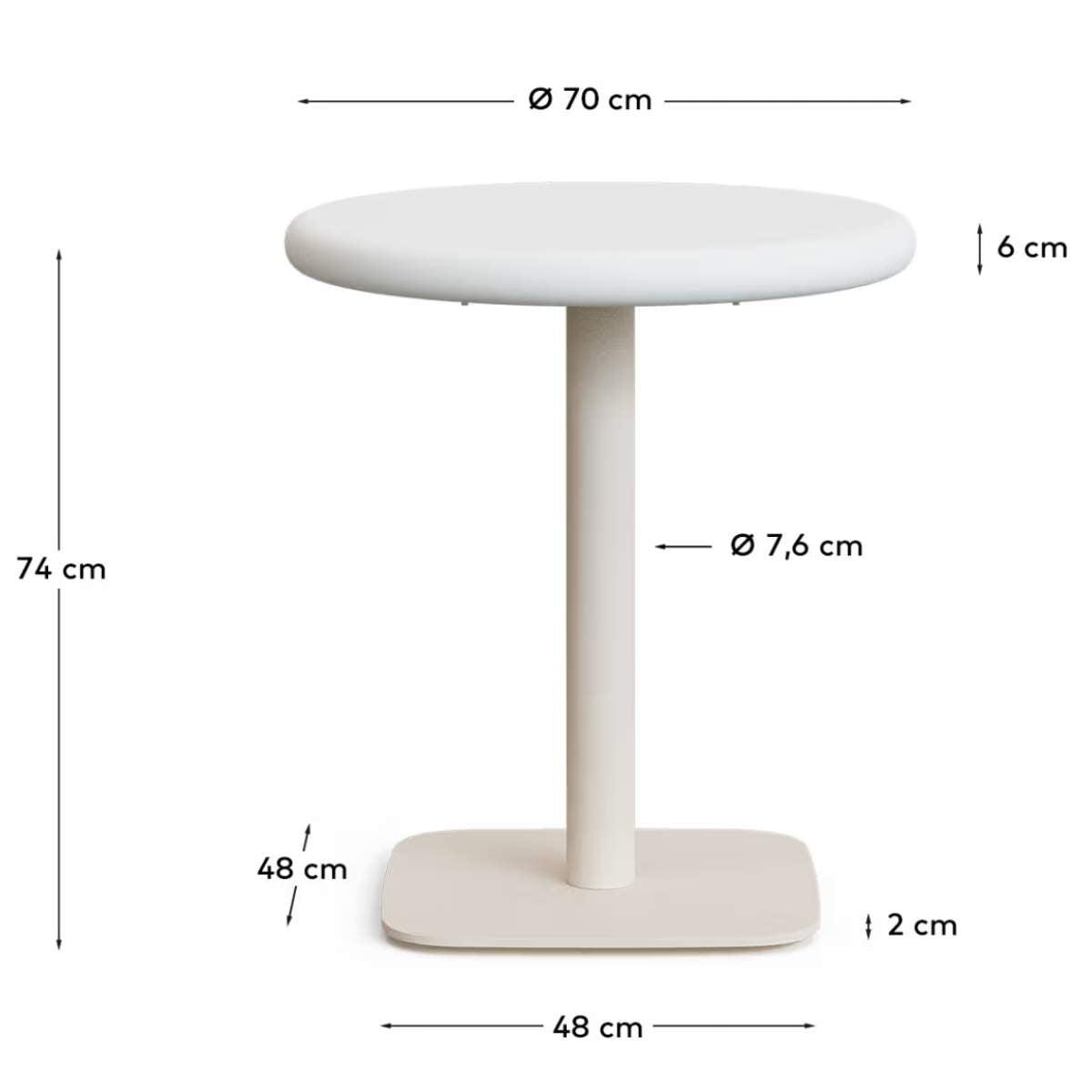 Kave Home Dina outdoor round table with white cement top Ø70cm and white steel base 48x48x72cm