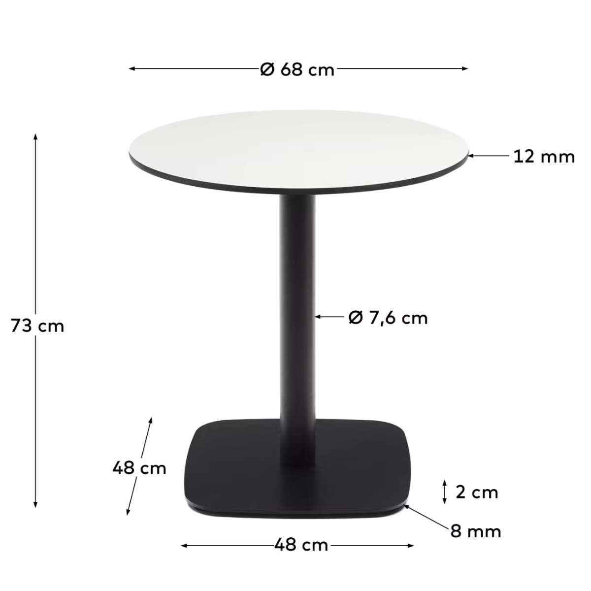 Kave Home Dina round outdoor table in white with metal legal in a painted black finish, Ø 68x70 cm