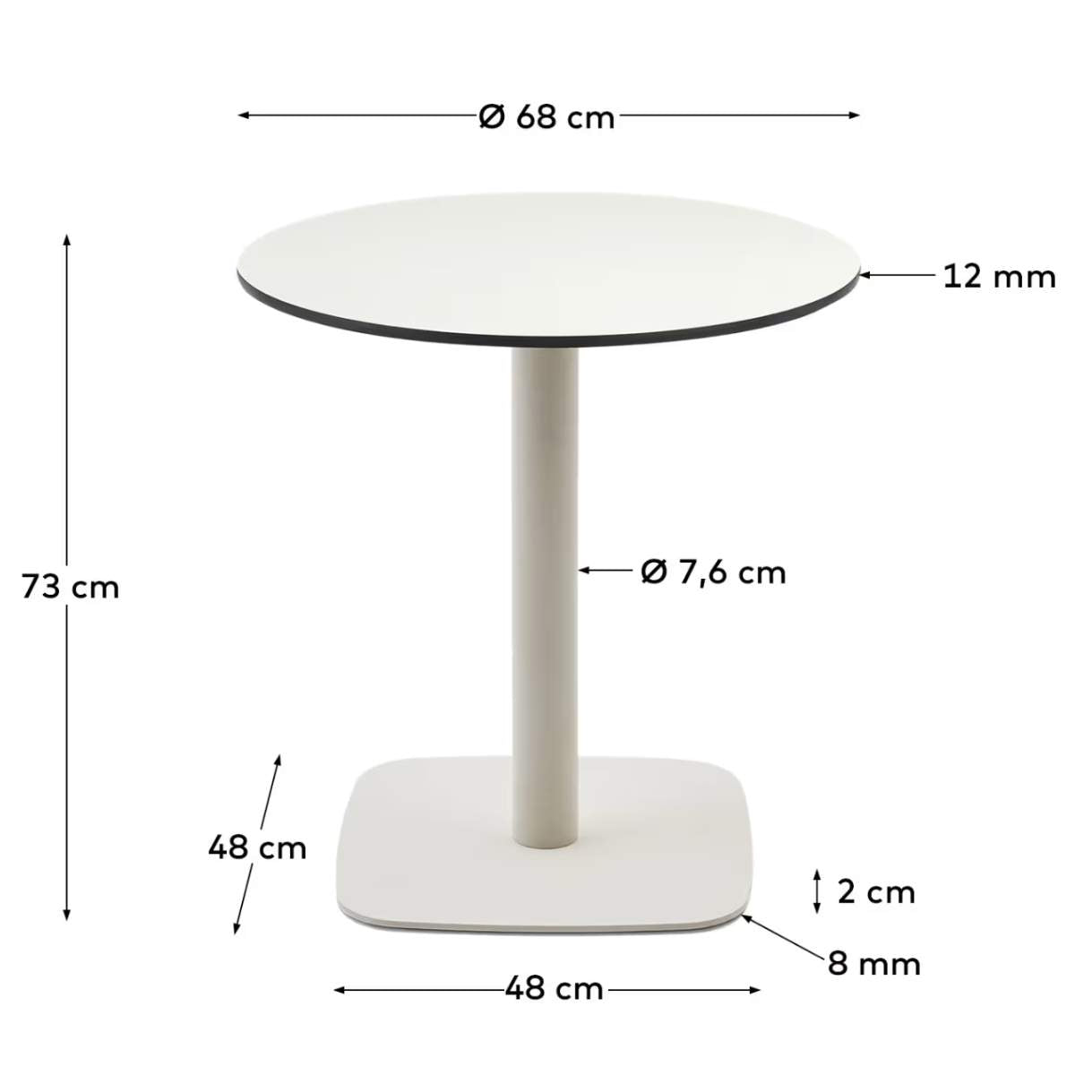 Kave Home Dina round outdoor table in white with metal legal in a painted white finish, Ø 68x70cm