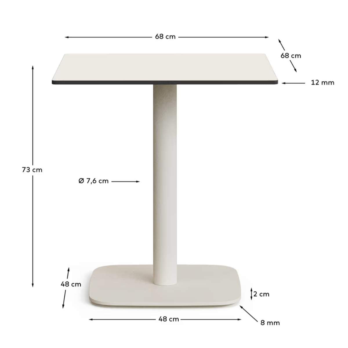 Kave Home Dina outdoor table in white with metal leg in a painted white finish, 68 x 68 x 70 cm