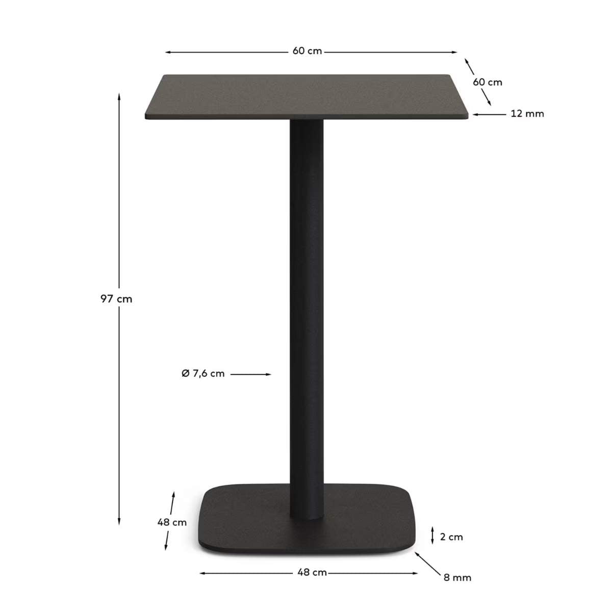 Kave Home Dina high outdoor table in white with metal leg in a painted black finish, 60x60x96 cm
