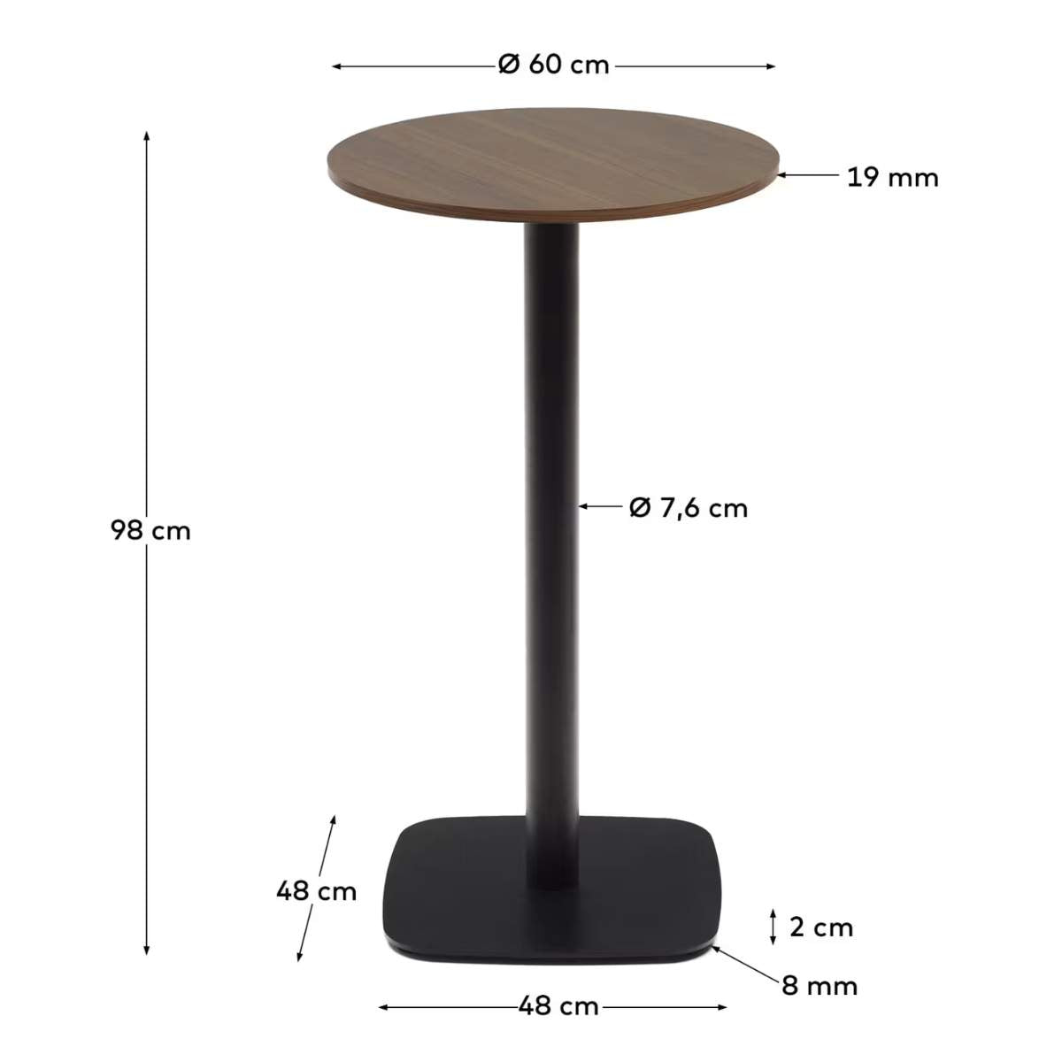 Kave Home Dina high round table in natural finish melamine with metal leg in a painted black finish, Ø 60x96 cm