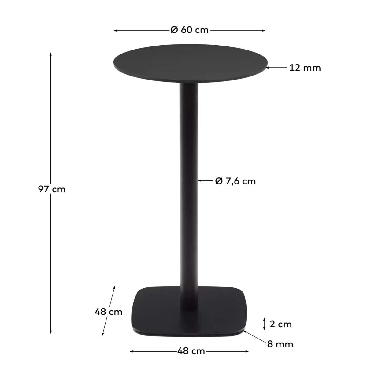 Kave Home Dina high round outdoor table in white with metal leg in a painted black finish, Ø60x96 cm
