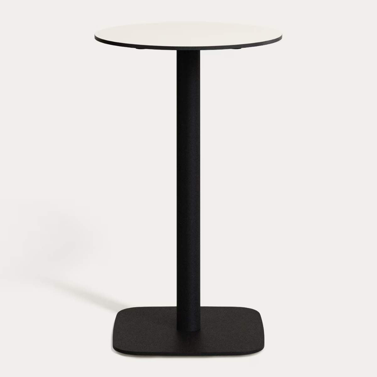 Kave Home Dina high round outdoor table in white with metal leg in a painted black finish, Ø60x96 cm