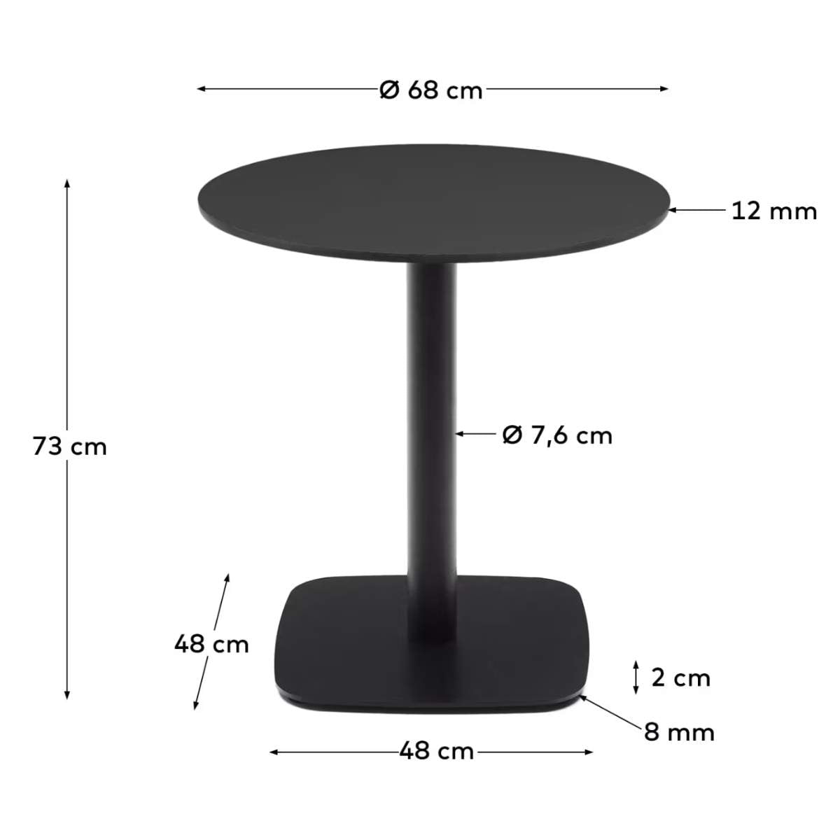 Kave Home Dina round outdoor table in white with metal legal in a painted black finish, Ø 68x70 cm