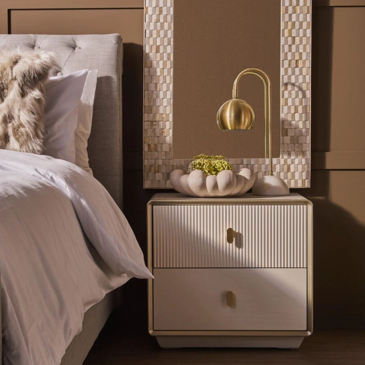 Beaumonde Home Dorsino Ivory Wood Veneer Two Drawer Bedside Table