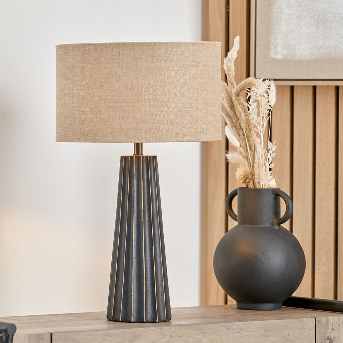 Pacific Lifestyle Draydon Black Wash Mango Wood Textured Cone Table Lamp