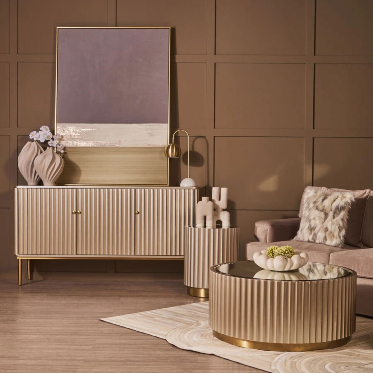 Beaumonde Home Dusino Champagne Gold Finish Three Door Flute Detail Sideboard