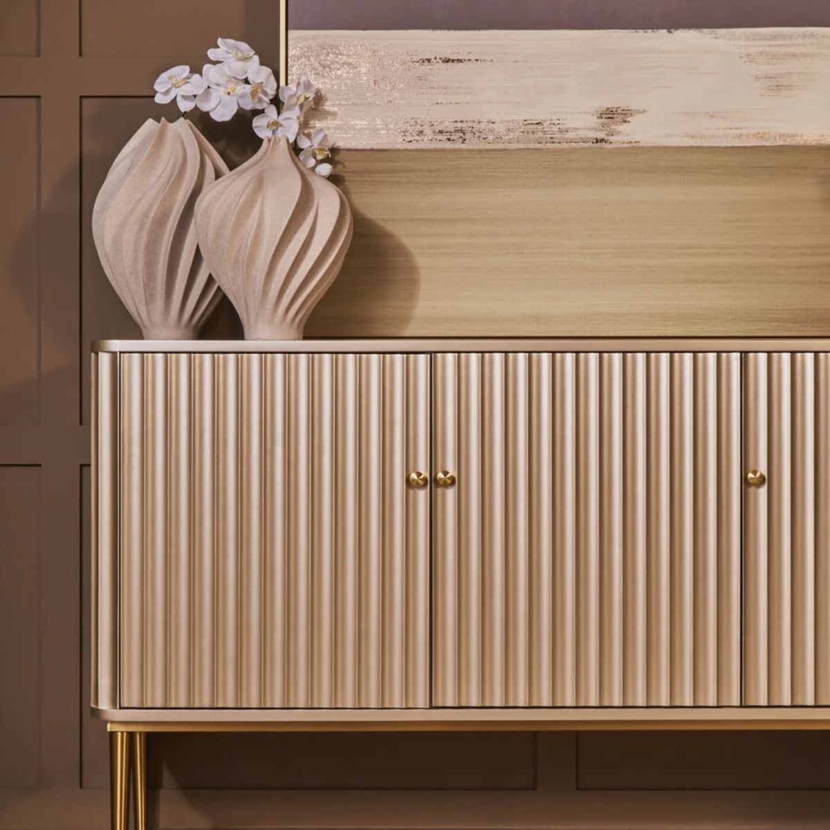 Beaumonde Home Dusino Champagne Gold Finish Three Door Flute Detail Sideboard