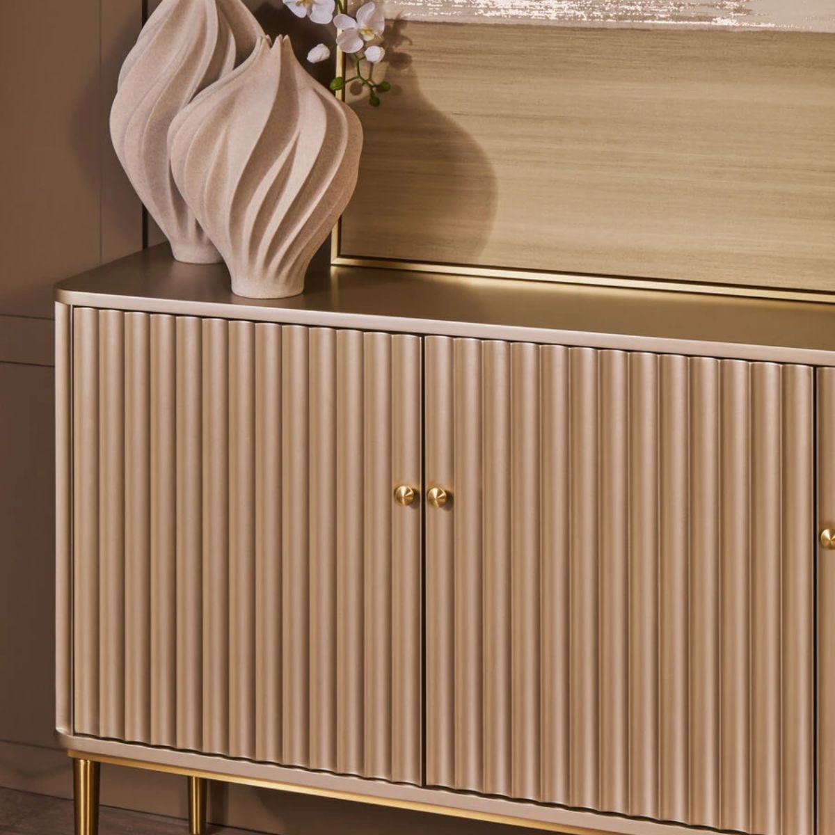 Beaumonde Home Dusino Champagne Gold Finish Three Door Flute Detail Sideboard