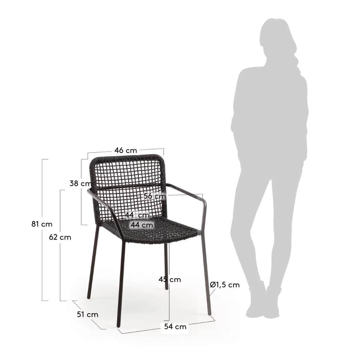 Kave Home Ellen stackable outdoor chair in black cord and galvanised steel