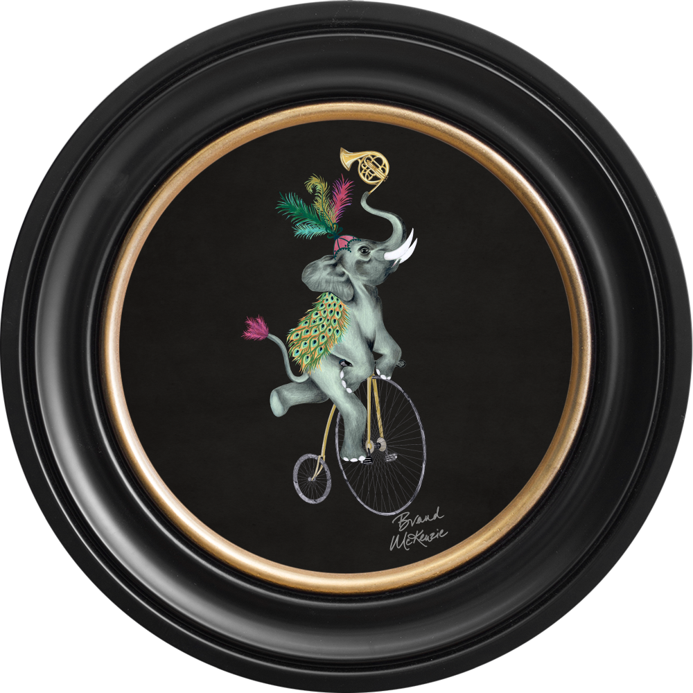 Brand McKenzie Balancing Act Elliot Framed Round Art Print with Charcoal Black Background