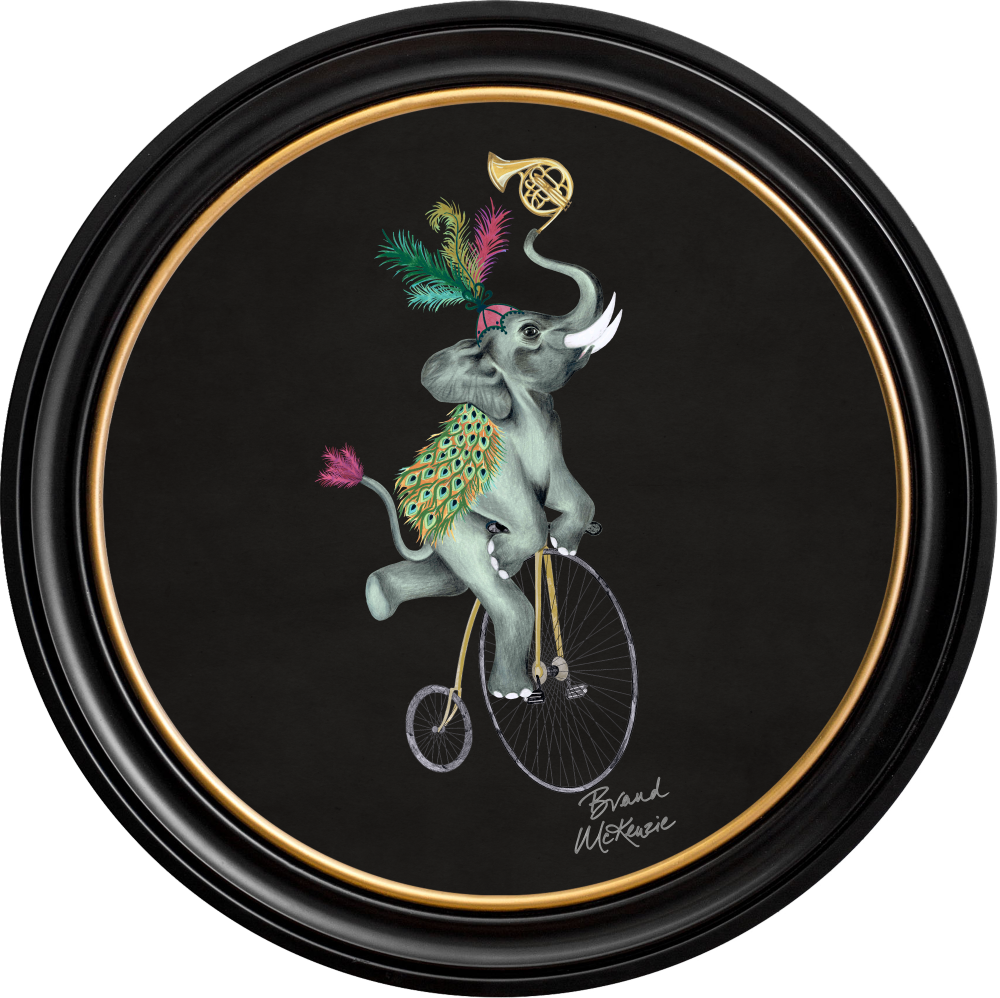 Brand McKenzie Balancing Act Elliot Framed Round Art Print with Charcoal Black Background