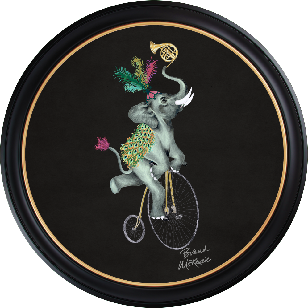 Brand McKenzie Balancing Act Elliot Framed Round Art Print with Charcoal Black Background