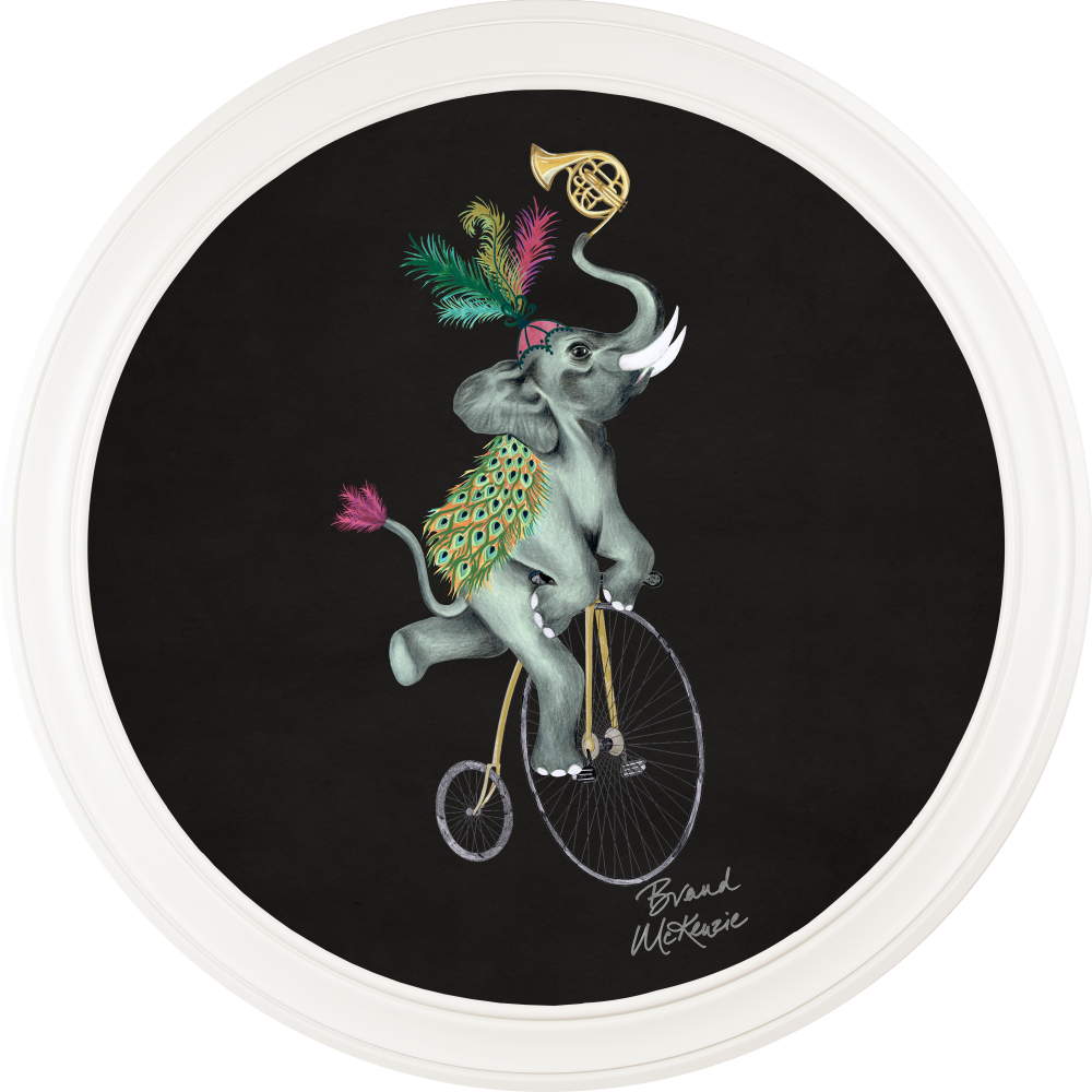 Brand McKenzie Balancing Act Elliot Framed Round Art Print with Charcoal Black Background