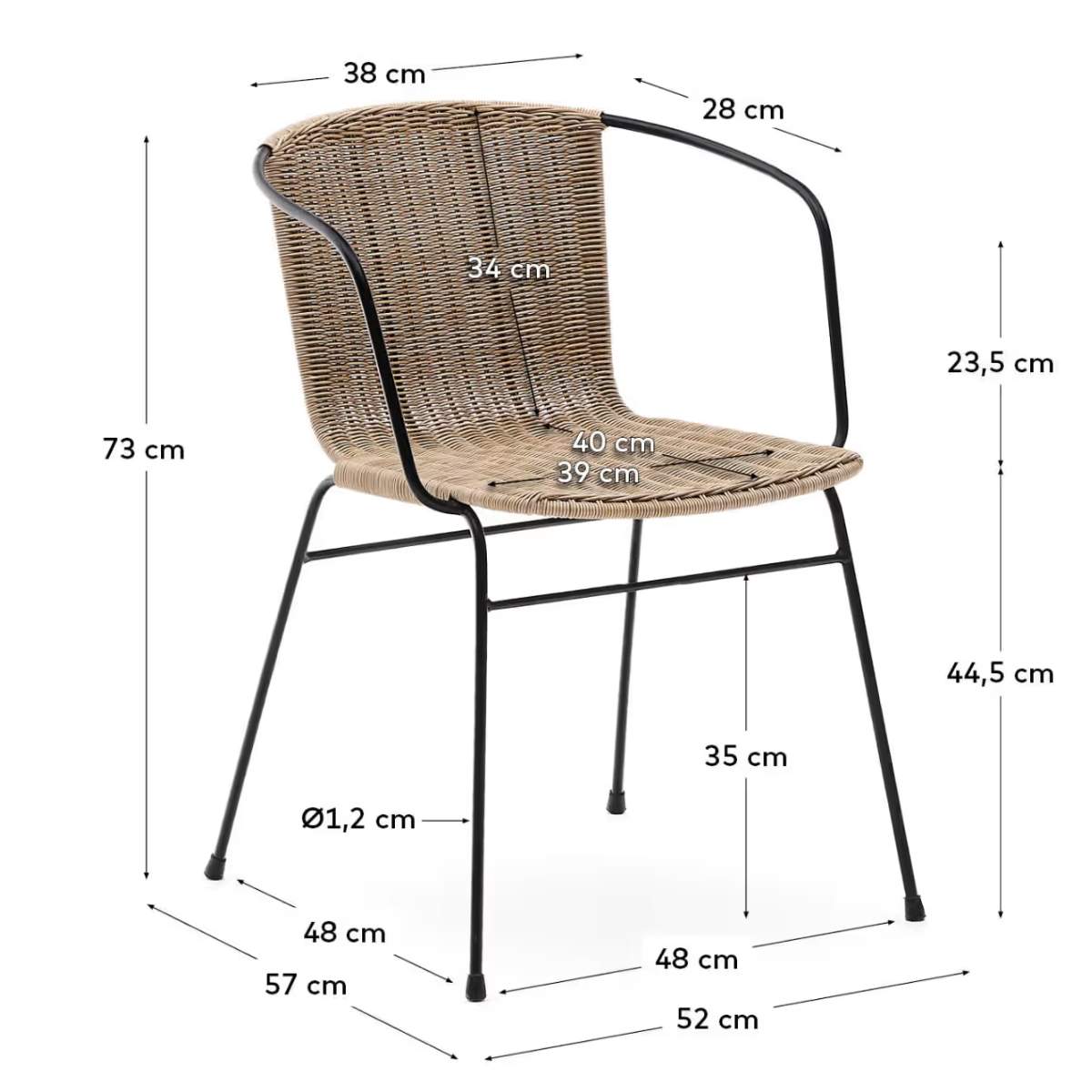 Kave Home Eltiera stackable chair in synthetic rattan with black steel frame and armrests
