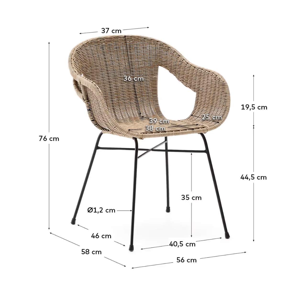 Kave Home Eltiera stackable chair in synthetic rattan with black steel frame