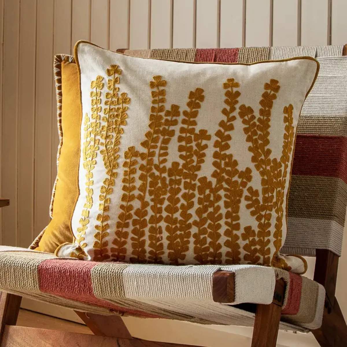 Faire Herb Embroidered Cushion Mustard