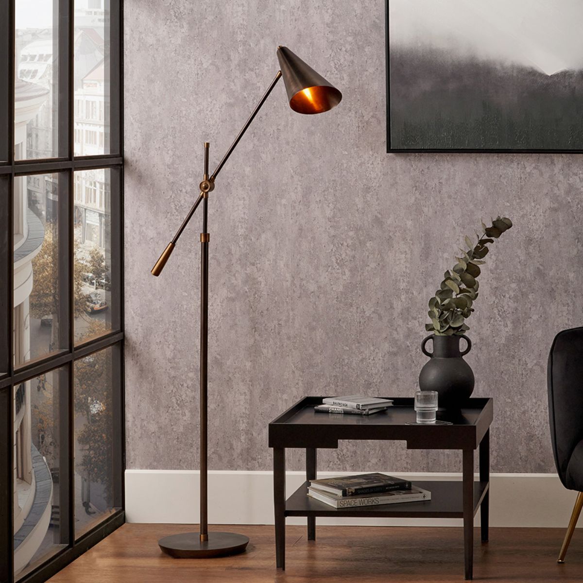 Pacific Lifestyle Emiliano Antique Bronze and Antique Brass Adjustable Task Floor Lamp