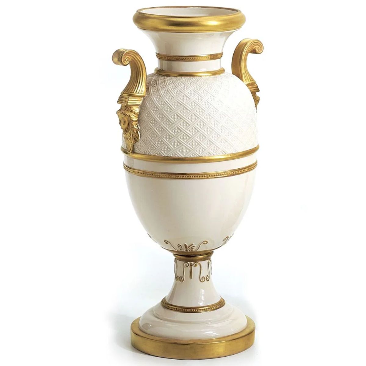 Villari Empire Embroided Vase With Handles - White & Gold