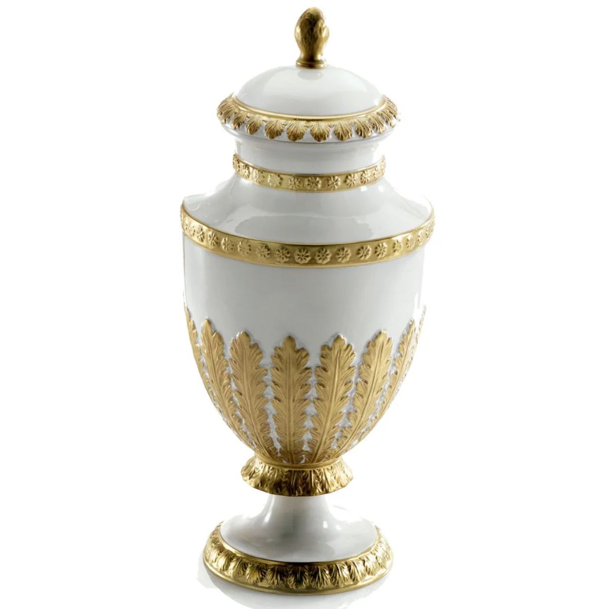 Villari Empire Feather Potiche Vase - White & Gold
