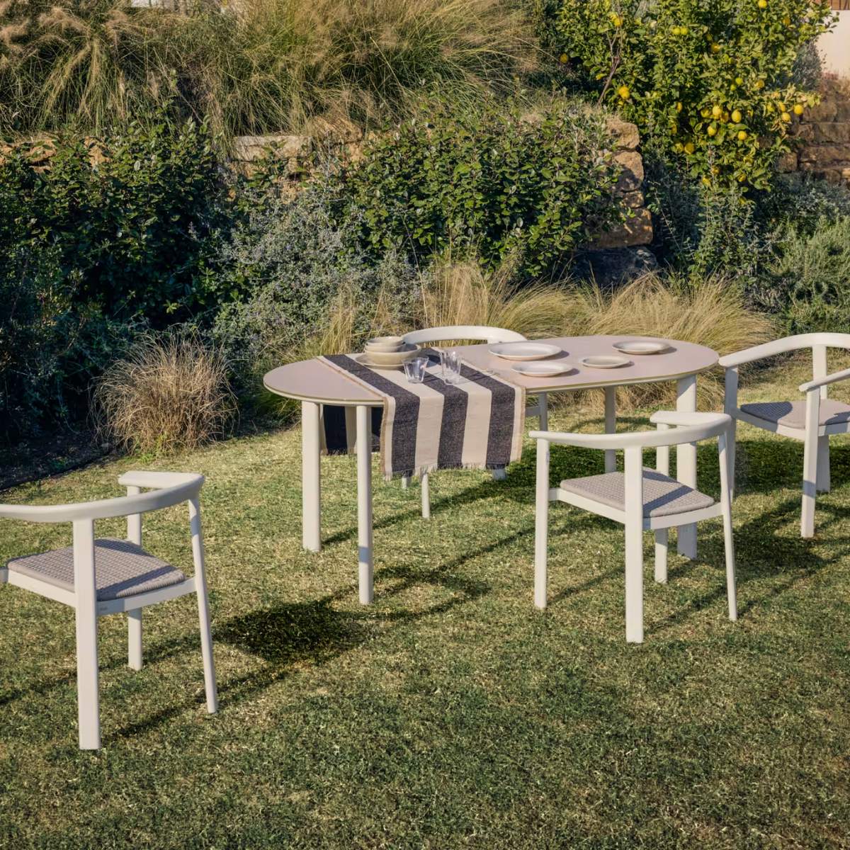 Kave Home Erice oval table in aluminium and ecru tempered glass 180 x 90 cm