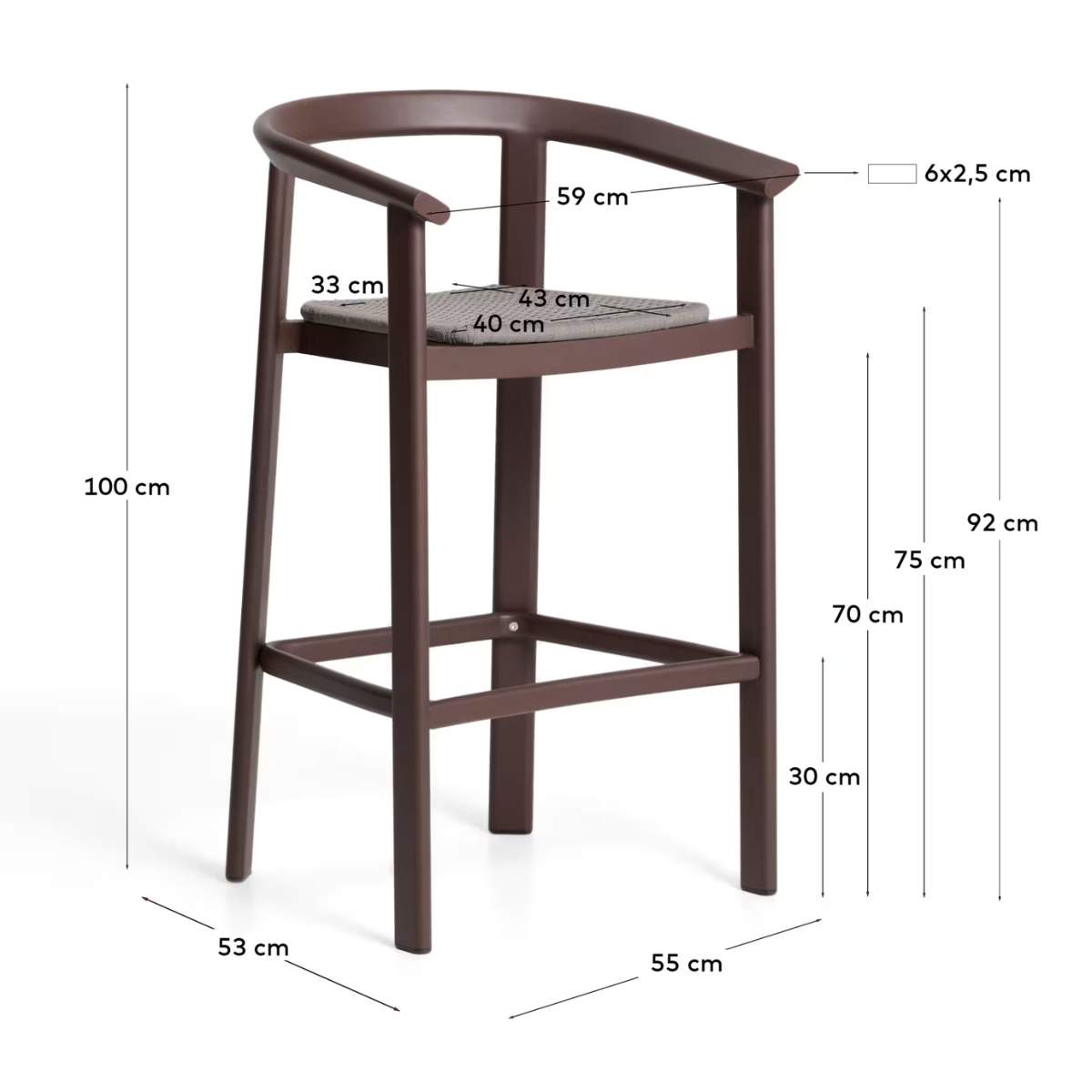 Kave Home Erice stool in aluminium and ecru rope cord 75cm