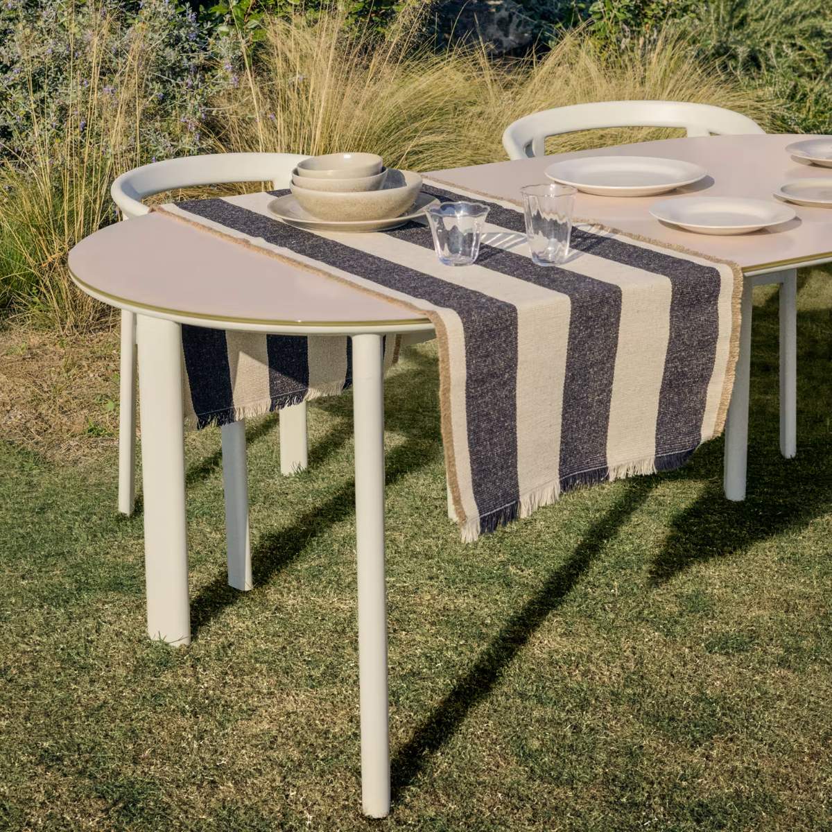 Kave Home Erice oval table in aluminium and ecru tempered glass 230 x 100 cm