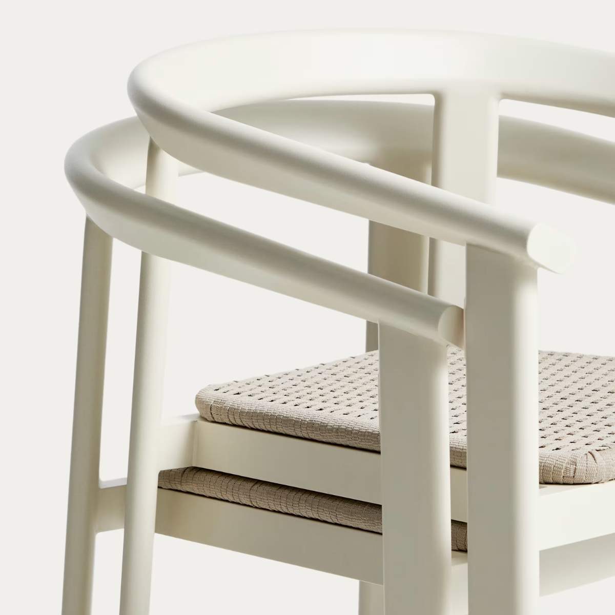 Kave Home Erice set of 6 aluminium and rope cord stackable chairs and a table in ecru aluminium and tempered glass 230 x 100cm