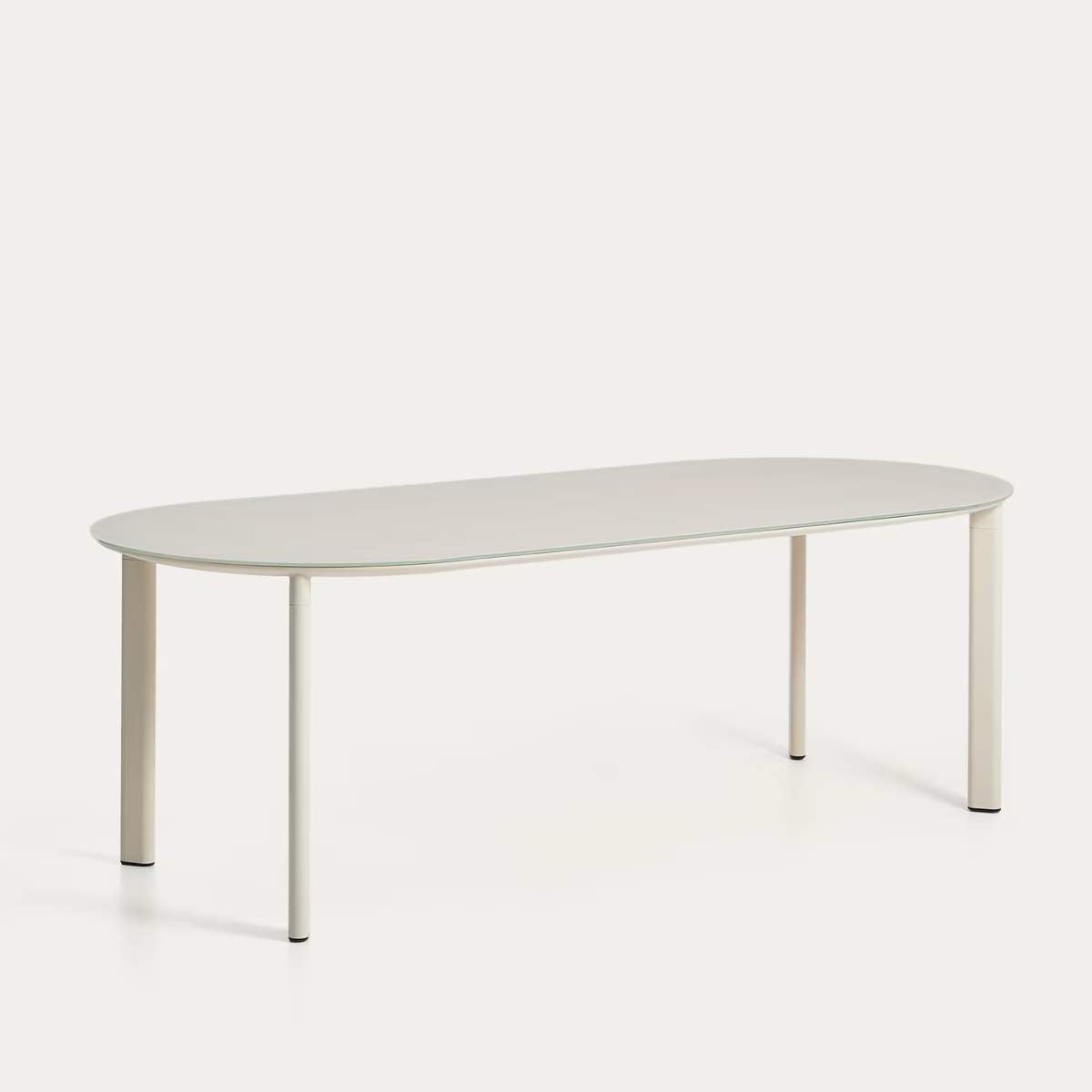 Kave Home Erice oval table in aluminium and ecru tempered glass 230 x 100 cm