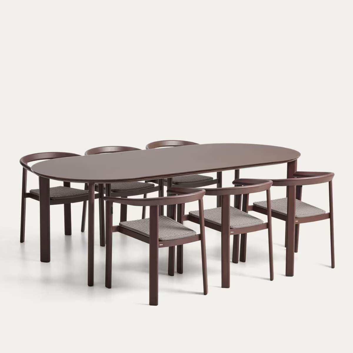 Kave Home Erice set of 6 aluminium and rope cord stackable chairs and a table in ecru aluminium and tempered glass 230 x 100cm