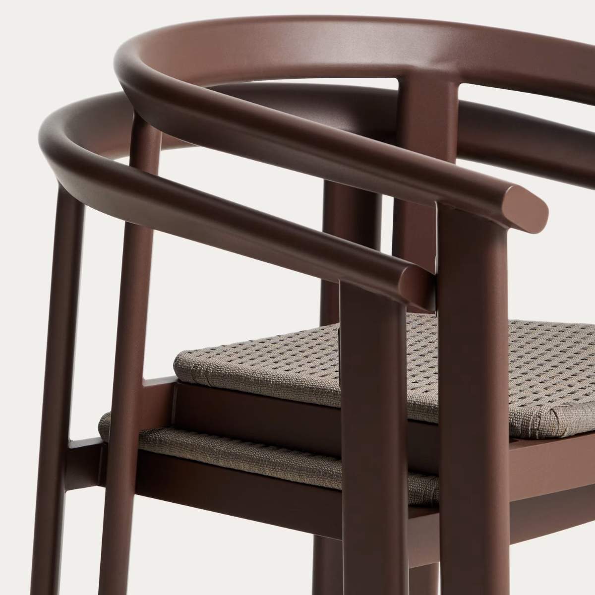Kave Home Erice set of 6 aluminium and rope cord stackable chairs and a table in ecru aluminium and tempered glass 230 x 100cm